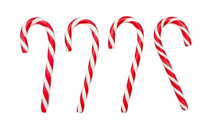 Four red and white striped candy canes isolated on white background for holiday decoration
