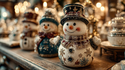 Obraz premium Decorative ceramic snowmen ornaments with scarves and hats, displayed on a festive table.