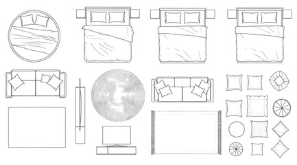 Top-down architectural symbols of beds, sofas, dining tables, cushions, and TV units – ideal for interior design layouts, floor plan drafting, furniture arrangement, and architectural visualization. © S.Siam