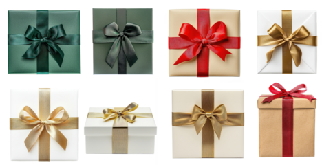 A collection of wrapped presents with ribbons and bows in various colors and styles.