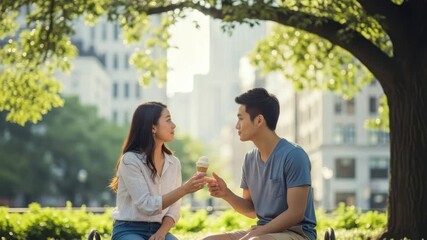 A pair of people share ice cream in a park while sitting on a bench under trees in the city