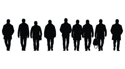 Black silhouette illustration of nine individuals in coats and jackets standing in a row – ideal for urban crowd visuals, identity studies, fashion references, and design elements involving human figu