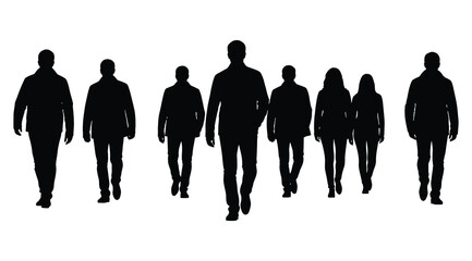 Black silhouette illustration of nine individuals walking forward in varied postures – ideal for visuals symbolizing unity, diversity, teamwork, social movement, and human figure design in urban or co