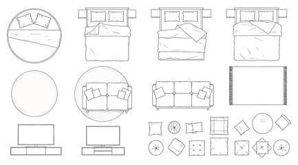 Top-down schematic symbols of beds, sofas, tables, screens, and accessories – ideal for architectural plans, interior design layouts, furniture arrangement, and space planning in residential or commer