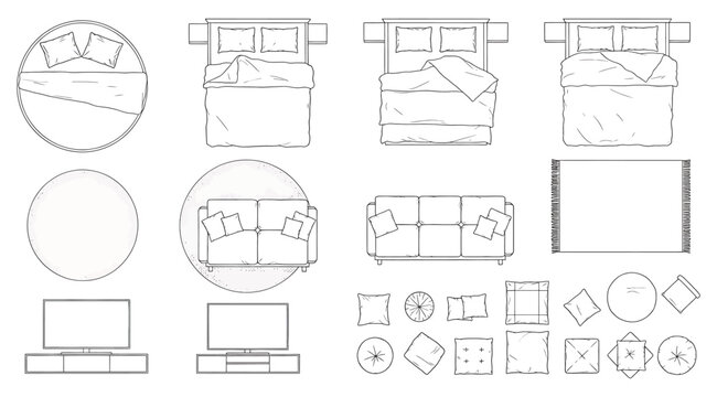 Top-down schematic symbols of beds, sofas, tables, screens, and accessories &ndash; ideal for architectural plans, interior design layouts, furniture arrangement, and space planning in residential or commer