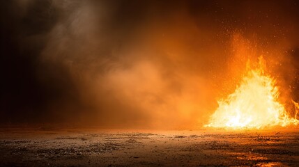 ferocity. Dramatic flames with intense orange and yellow hues isolated against a dark atmospheric background. STEM education sheets, lab safety posters, designed for biotech research communications.