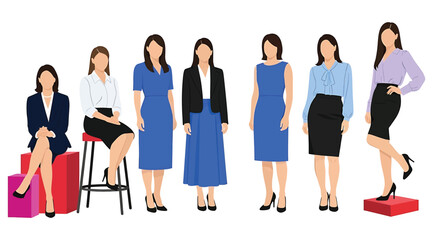 Obraz premium Illustration of seven women in professional attire, standing or seated with varied outfits and poses – ideal for workplace fashion, office diversity visuals, and business-themed design or representati
