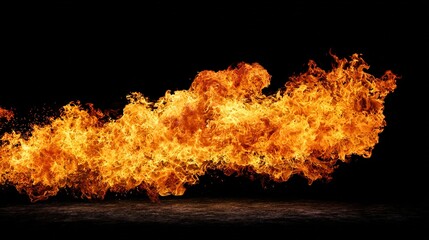 ferocity. Dramatic flames with intense orange and yellow hues isolated against a dark atmospheric background. STEM education sheets, lab safety posters, designed for biotech research communications.