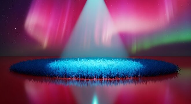 Abstract platform with ethereal aurora borealis backdrops and blue grass