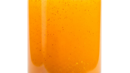 Vibrant close-up of a healthy, golden-orange beverage in a clear glass, showcasing its rich texture and natural goodness on a clean white background, ideal for wellness promotions