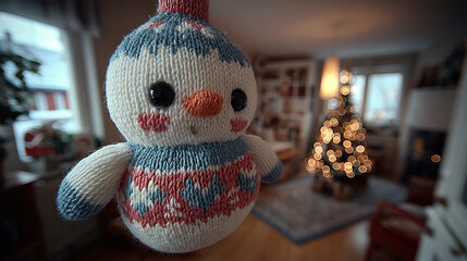 Close-up of festive knitted penguin plush toy in a cozy living room.