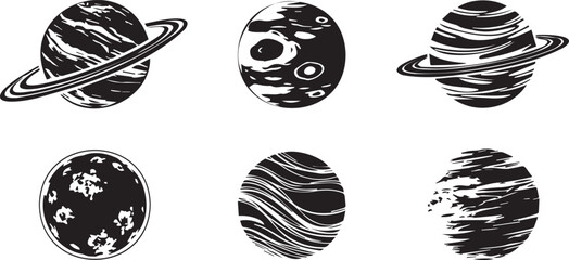 Set of Black and White Textured Planet Vector Icons with Rings, isolated for design © Ayesha Ashraf