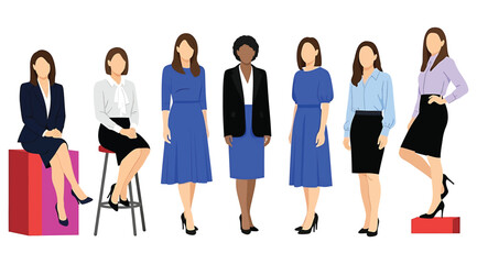 Obraz premium Illustration of seven women in professional outfits posed standing or seated on blocks and stools – ideal for workplace fashion visuals, business diversity themes, and office attire design references.