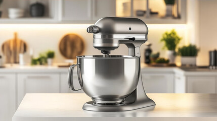 Stainless steel stand mixer on a white countertop in a modern bright kitchen background