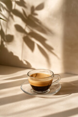 Obraz premium Glass Espresso Cup with Botanical Shadows in Warm Sunlight 
