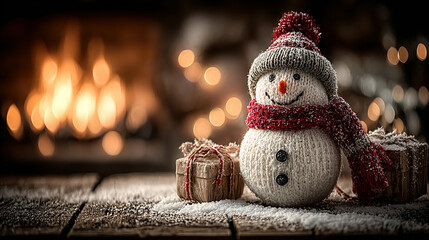 Snowman wearing a red hat and scarf, with fireside background and wrapped gifts.