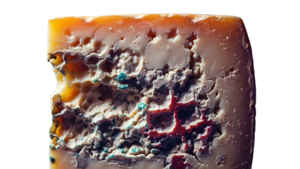 Macro close-up of a wedge of delicious aged cheese with blue and green mold imperfections against a white background