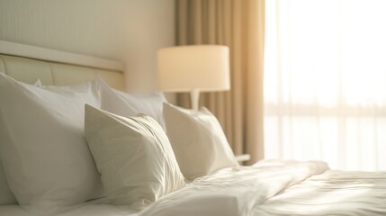 duvet. Elegant hotel bedroom interior in morning light with a made bed and plush pillows. real-estate listings.