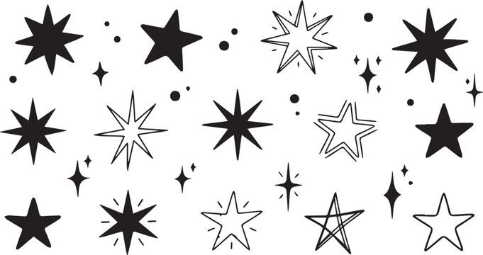 Black and White Stars with Various Shapes and Sizes on White Background