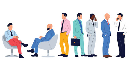 Illustration of seven men in business attire posed standing and seated in modern chairs – ideal for corporate visuals, job interview themes, workplace diversity, and professional interaction design re
