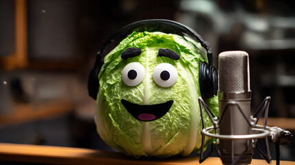 Vegetable Broadcasting: A cheerful cabbage character with headphones sits near a microphone, creating audio recording and a lively podcast environment.