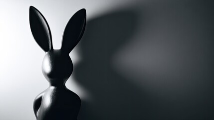 Minimalist dark sculpture of a rabbit figure is dramatically illuminated against a contrasting background