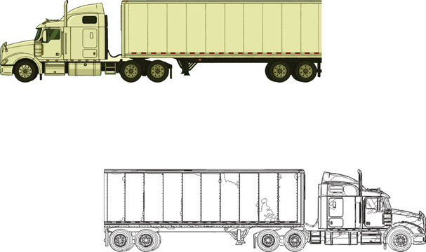 Heavy freight container semi-truck on road, isolated 
