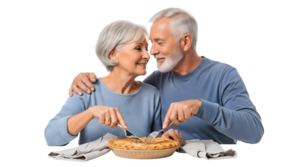 Loving senior couple enjoy their meal, isolated on transparent background