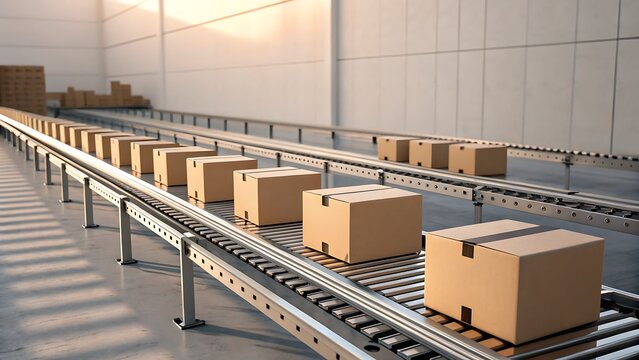 Cardboard boxes moving on an automated conveyor system in a modern warehouse environment