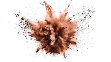 dispersion. Brown powder explosion captured against white background with dynamic particle dispersion, menu design, packaging mockups, designed for culinary blogs and recipe cards for restaurants.