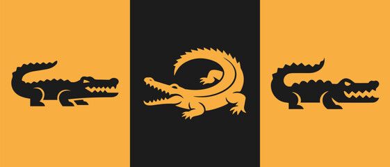 Crocodile vector logos arranged in a triptych on a contrasting black and orange background