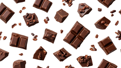 Deliciously rich chocolate pieces and cocoa beans scattered on a clean white background, perfect for confectionery and culinary themes