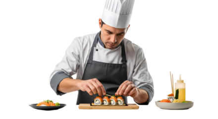 A sushi chef meticulously arranging fresh sushi rolls on a wooden board. The chef is concentrating on the presentation, ensuring each piece is perfect, isolated on transparent background