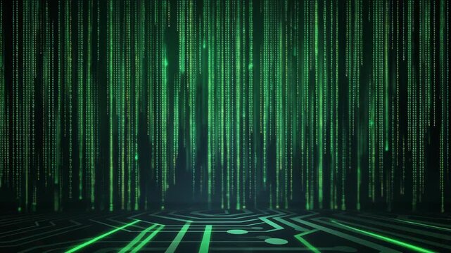 Futuristic digital background with green binary code and circuit patterns for technology themes