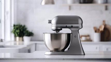 Naklejka premium Professional stainless steel stand mixer on marble counter in modern luxury kitchen interior