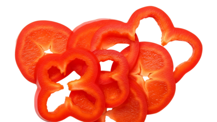 Close-up view of sliced red bell peppers on a white background, showcasing their vibrant color and fresh texture