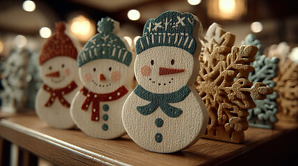 Decorative winter-themed snowmen and snowflakes displayed on a wooden surface.