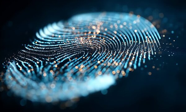 Abstract digital fingerprint pattern composed of glowing blue and orange particles against a dark background representing identification and security concepts