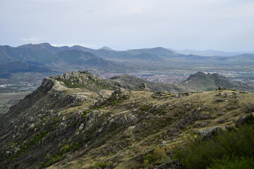Panoramic view from Treskavec Monastery, near Prilep, Macedonia. In the distance, the city of Prilep and the mountains can be seen.