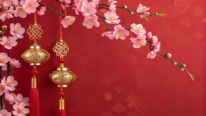 linear chinese lanterns, symbols, asian red background with gradient for poster, greeting card or flyer