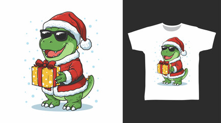 Dinosaur christmas illustration hand drawn, vector ready for print on t-shirt and other uses.