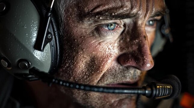 Intense Portrait of a Weary Air traffic controllers Operator or Pilot with Headset and Focused Eyes, Reflecting the Pressure of Aviation