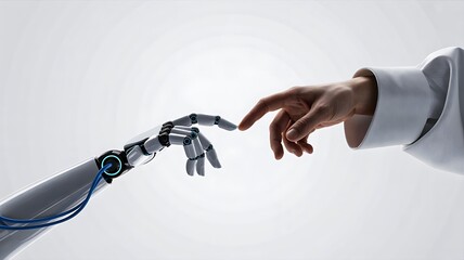 Human hand reaching toward robotic hand symbolizing connection between technology and humanity  
