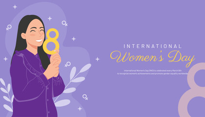 Background of a woman holding a number eight symbol. Hand-drawn style design for Women's Day celebration