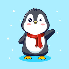 Cute Winking Penguin with Red Scarf in Winter Vector Illustration Cartoon Design Kawaii