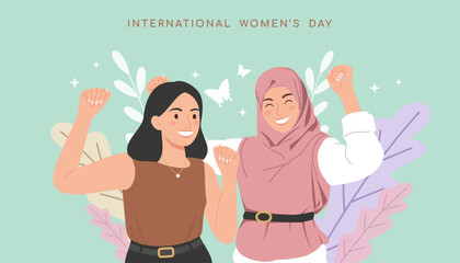 Background of two happy cheering women hand drawn style for Women's Day celebration