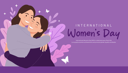 Background of two women hugging each other happily. Hand-drawn style design for Women's Day celebration
