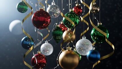 Close-up of sparkling Christmas baubles and golden ribbons hanging against a dark, atmospheric background with moon.