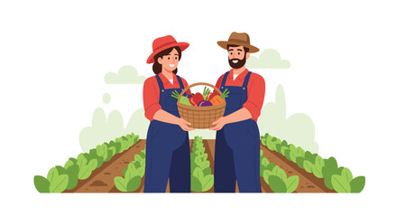 A friendly farmer couple stands in a field of crops, proudly holding a wicker basket full of freshly harvested vegetables.
