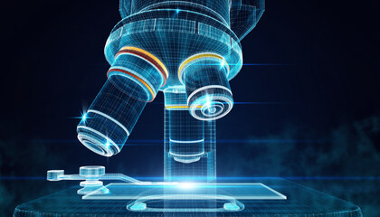 Cutting-Edge Laboratory Research with Gloved Scientist Using Pipette, Advanced Biotechnology Interface, Digital Chemical Structures, Futuristic Blue Tech Overlay, High-Tech Medical Innovation Backgrou